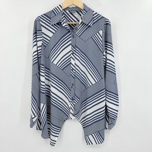 New York & Company Navy and White Striped Asymmetrical Button‎ Up Shirt Medium